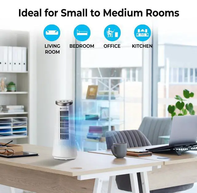 Alt view image 3 of 6 - 12-Inch Oscillating Desktop Tower Fan Ultra-Slim Bladeless Design with 2 Speeds, Electronic Touch Controls & Carry Handle Quiet Portable Personal Fan for Bedroom, Dorm, or Office