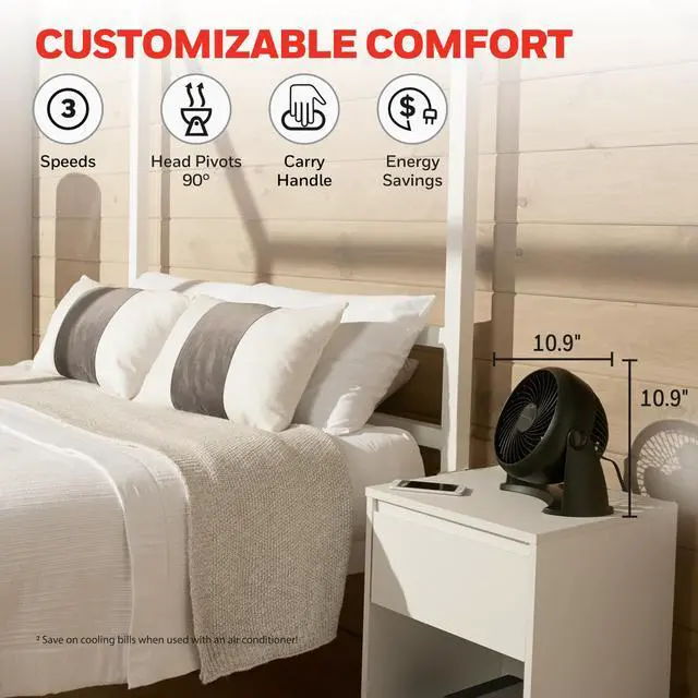 Alt view image 4 of 7 - TurboForce Air Circulator, Small Tabletop Fan, Quiet Personal Fan for Home or Office, 3 Speeds, 90 Degree Pivoting Head, Black, HT900 | Quiet Personal Fan for Home or Office