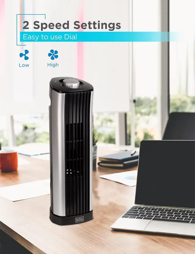 Alt view image 3 of 7 - 14-Inch Mini Oscillating Portable Tower Fan, Desk Fan with 2 Speed Settings, Simple Dial Control, Ideal for Desktop or Bedrooms, BFT114, Black/Silver