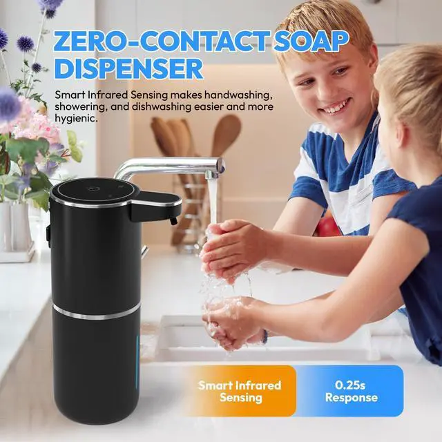 Alt view image 3 of 7 - 2 Pack Automatic Soap Dispenser Touchless,Liquid Hand Soap Dispenser 12.8oz USB 4levels Adjustable Dispenser Electric Wall Mounted Smart for Bathroom and Kitchen Dish SoapEasy for Toddlers(Black)