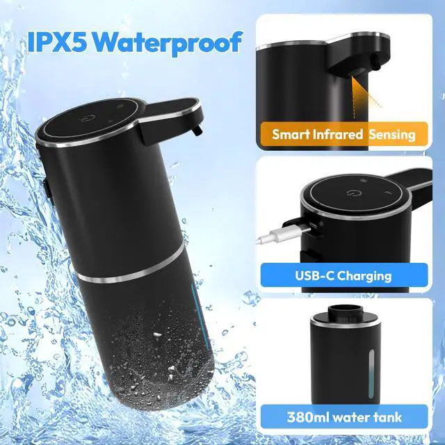 Alt view image 4 of 7 - 2 Pack Automatic Soap Dispenser Touchless,Liquid Hand Soap Dispenser 12.8oz USB 4levels Adjustable Dispenser Electric Wall Mounted Smart for Bathroom and Kitchen Dish SoapEasy for Toddlers(Black)