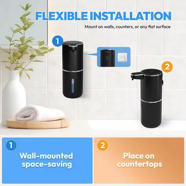 Alt view image 6 of 7 - 2 Pack Automatic Soap Dispenser Touchless,Liquid Hand Soap Dispenser 12.8oz USB 4levels Adjustable Dispenser Electric Wall Mounted Smart for Bathroom and Kitchen Dish SoapEasy for Toddlers(Black)