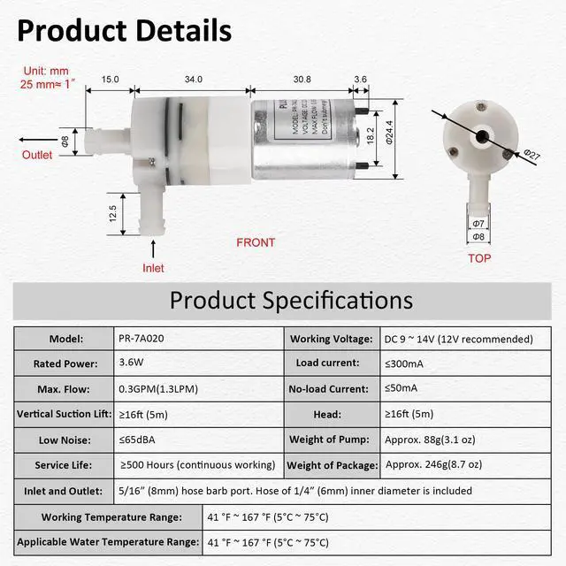 Alt view image 6 of 7 - 12V DC Small Water Transfer Pump 1.3LPM Mini Self Priming Micro Pump with Food Grade Pipe and Power Adapter, For Ice Maker Coffee Machine Water Dispenser