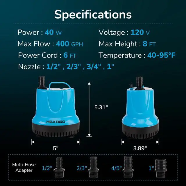 Alt view image 2 of 7 - 400GPH Submersible Water Fountain Pump, 40W Small Sump Pump with 8FT High Lift, Aquarium Pumps for Outdoor Pond, Hydroponic, Statuary, Waterfall, Aquarium, Fish Tank