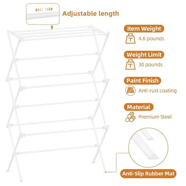 Alt view image 3 of 7 - Drying Rack Clothing, 3-Tier Clothes Drying Rack Foldable, Antirust Laundry Drying Rack Collapsible Use for Indoor & Outdoor, 11.8" D x 34.6" W x 35.4" H, White