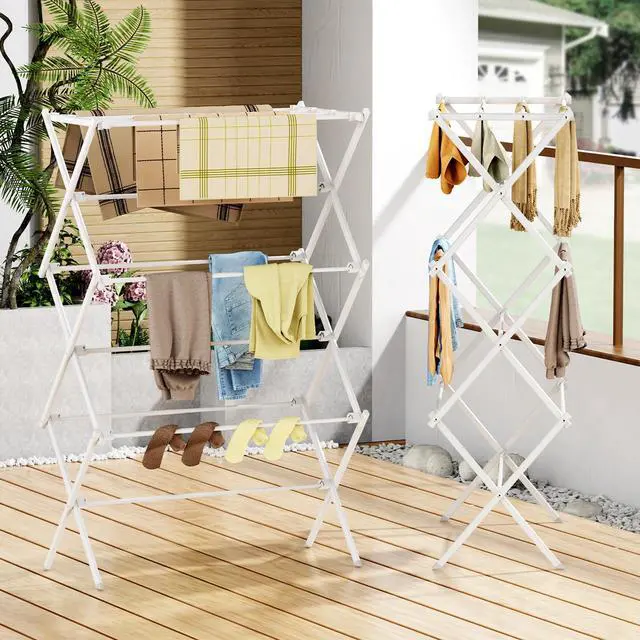 Alt view image 4 of 7 - Drying Rack Clothing, 3-Tier Clothes Drying Rack Foldable, Antirust Laundry Drying Rack Collapsible Use for Indoor & Outdoor, 11.8" D x 34.6" W x 35.4" H, White