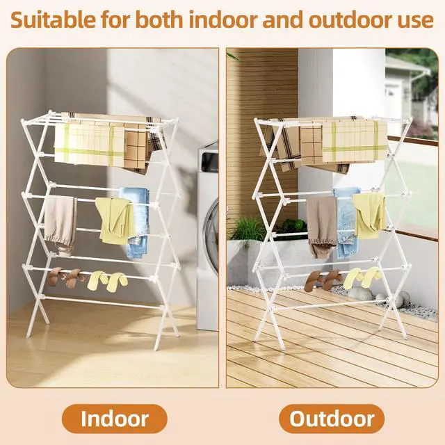 Alt view image 5 of 7 - Drying Rack Clothing, 3-Tier Clothes Drying Rack Foldable, Antirust Laundry Drying Rack Collapsible Use for Indoor & Outdoor, 11.8" D x 34.6" W x 35.4" H, White