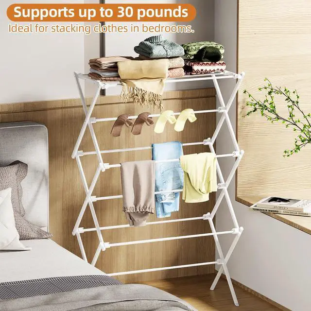 Alt view image 6 of 7 - Drying Rack Clothing, 3-Tier Clothes Drying Rack Foldable, Antirust Laundry Drying Rack Collapsible Use for Indoor & Outdoor, 11.8" D x 34.6" W x 35.4" H, White