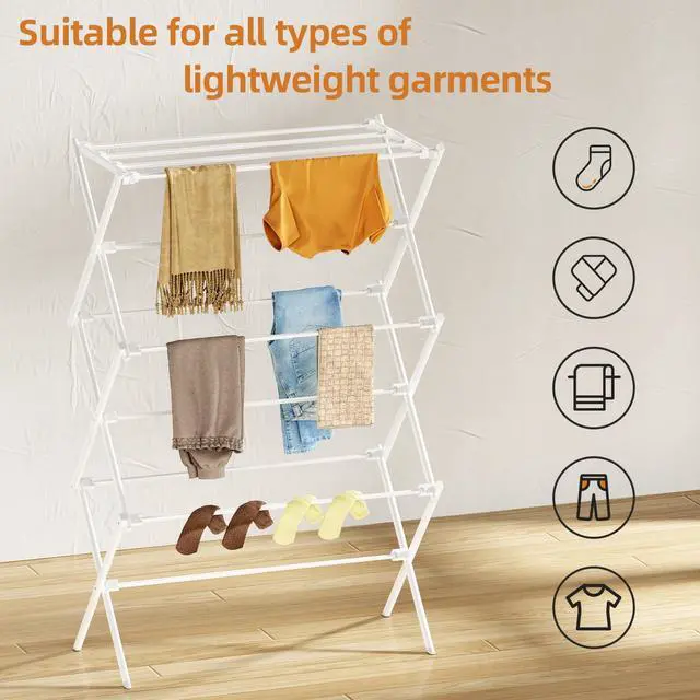 Alt view image 7 of 7 - Drying Rack Clothing, 3-Tier Clothes Drying Rack Foldable, Antirust Laundry Drying Rack Collapsible Use for Indoor & Outdoor, 11.8" D x 34.6" W x 35.4" H, White