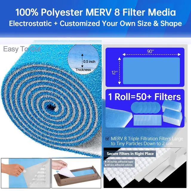 Alt view image 4 of 7 - Air Vent Filters Roll,12" x90" Cut to Fit Air Filter Material(60+Filters),MERV 8 Triple Filtration Electrostatic Vent Filter for Home Floor,Ceiling,Furnace, AC & HVAC-Includes 48 Adhesive Hook Tape