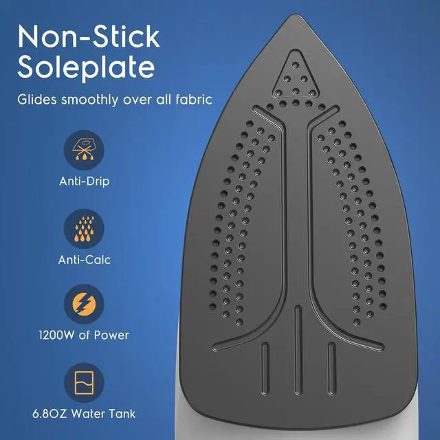 Alt view image 4 of 7 - Compact Steam Iron for Clothes, Non-Stick Soleplate, Burst of Steam, Spray Mist, Self-Cleaning, Anti-Calcium, Anti-Drip, Easy Temperature Control, Light Weight, 1200 Watts