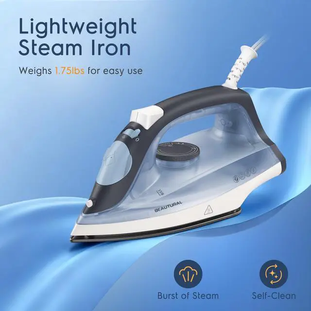 Alt view image 2 of 7 - Compact Steam Iron for Clothes, Non-Stick Soleplate, Burst of Steam, Spray Mist, Self-Cleaning, Anti-Calcium, Anti-Drip, Easy Temperature Control, Light Weight, 1200 Watts