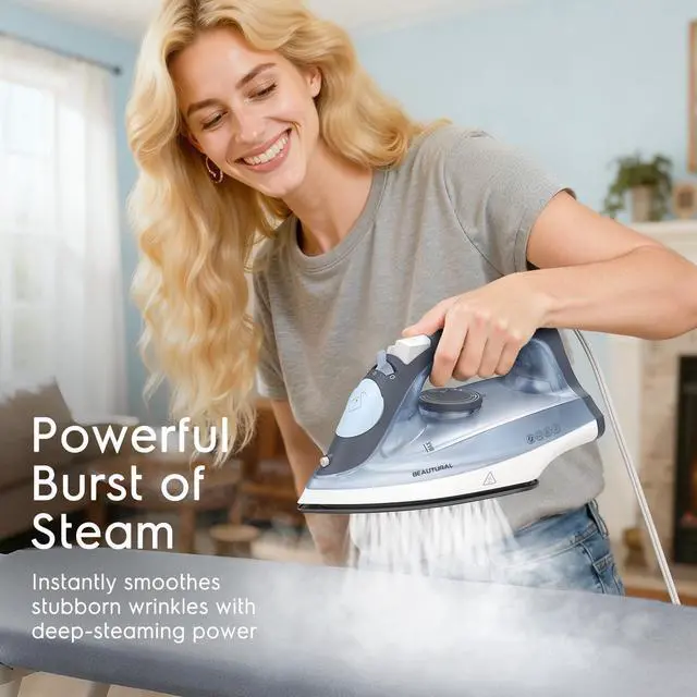 Alt view image 5 of 7 - Compact Steam Iron for Clothes, Non-Stick Soleplate, Burst of Steam, Spray Mist, Self-Cleaning, Anti-Calcium, Anti-Drip, Easy Temperature Control, Light Weight, 1200 Watts