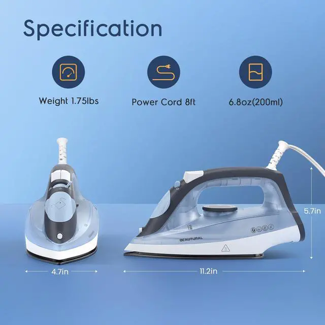 Alt view image 7 of 7 - Compact Steam Iron for Clothes, Non-Stick Soleplate, Burst of Steam, Spray Mist, Self-Cleaning, Anti-Calcium, Anti-Drip, Easy Temperature Control, Light Weight, 1200 Watts