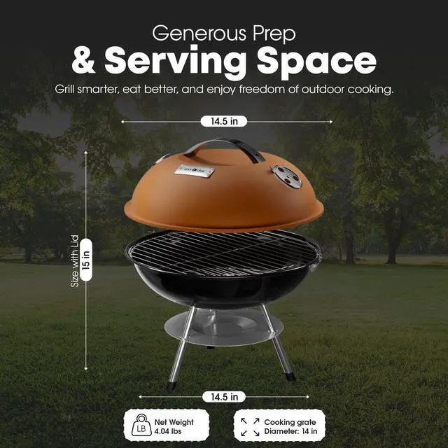 Alt view image 3 of 7 - CG-14T 14-inch Portable Barbecue Grill with 3-Point Locking Lid for Heat Preservation Dual Venting System Small Charcoal Grill for Backyard, Camping, Boat