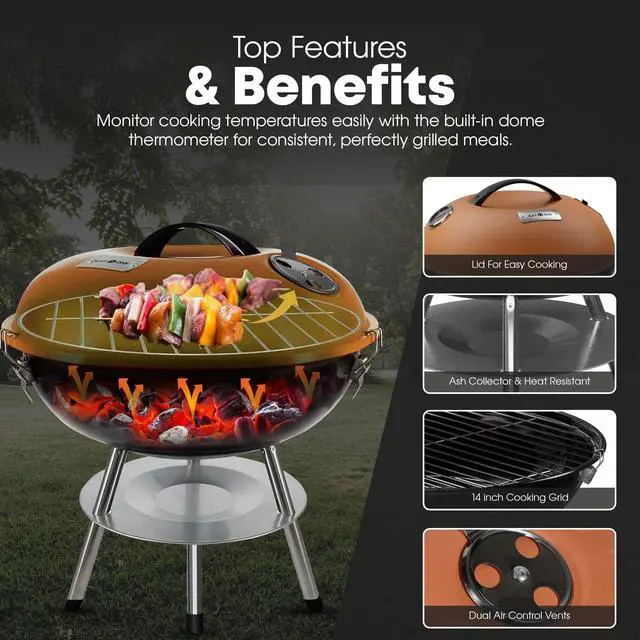 Alt view image 4 of 7 - CG-14T 14-inch Portable Barbecue Grill with 3-Point Locking Lid for Heat Preservation Dual Venting System Small Charcoal Grill for Backyard, Camping, Boat
