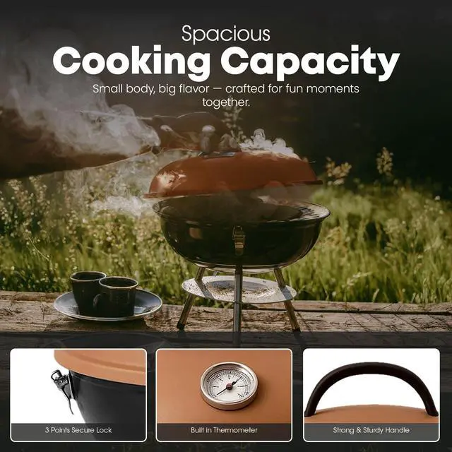 Alt view image 5 of 7 - CG-14T 14-inch Portable Barbecue Grill with 3-Point Locking Lid for Heat Preservation Dual Venting System Small Charcoal Grill for Backyard, Camping, Boat