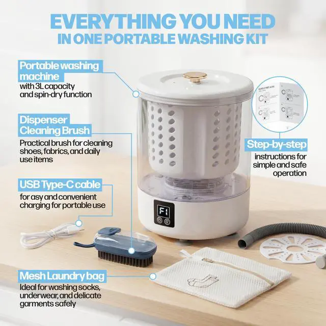 Alt view image 6 of 7 - Mini Washing Machine - 3L Underwear Washing Machine with 6000mAh battery + 2 FREE Gifts of Soup dispenser Brush + Mesh Laundry Bag