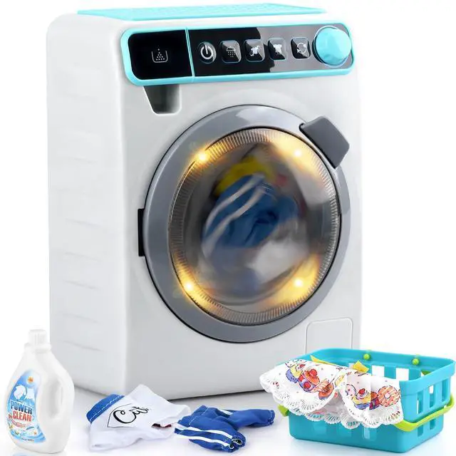 Main image of Kids Toy Washing Machine, Realistic Pretend Play Appliance for Girls, Interactive Toy Dollhouse Furniture, Play Washer and Dryer Playset with Spinning Drum, Light & Sound Effects, Laundry Basket Set