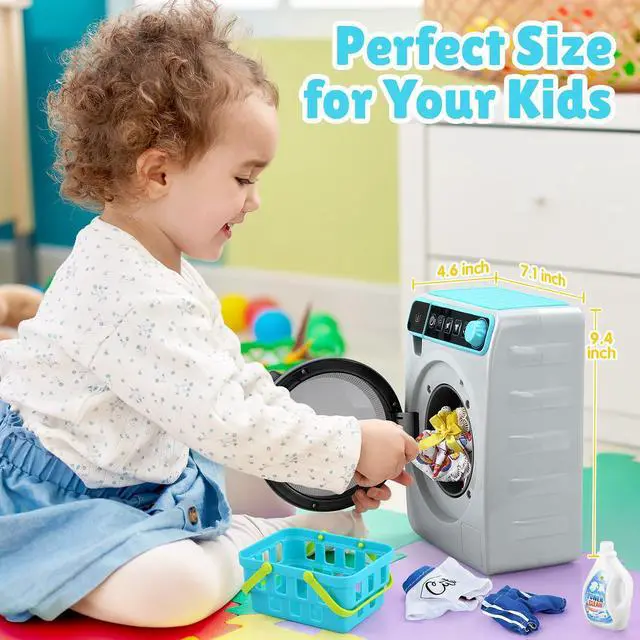 Alt view image 3 of 7 - Kids Toy Washing Machine, Realistic Pretend Play Appliance for Girls, Interactive Toy Dollhouse Furniture, Play Washer and Dryer Playset with Spinning Drum, Light & Sound Effects, Laundry Basket Set