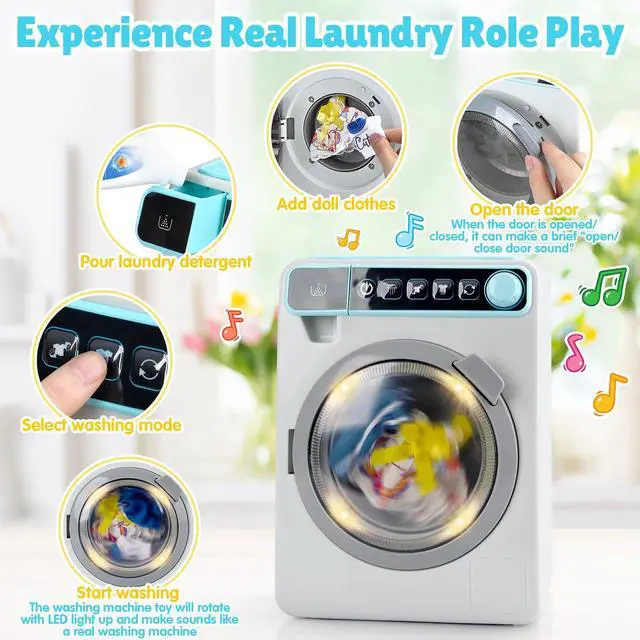 Alt view image 4 of 7 - Kids Toy Washing Machine, Realistic Pretend Play Appliance for Girls, Interactive Toy Dollhouse Furniture, Play Washer and Dryer Playset with Spinning Drum, Light & Sound Effects, Laundry Basket Set