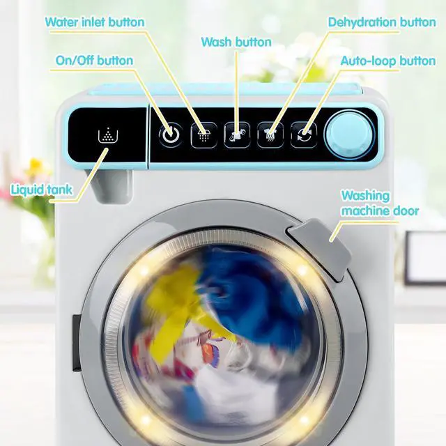 Alt view image 5 of 7 - Kids Toy Washing Machine, Realistic Pretend Play Appliance for Girls, Interactive Toy Dollhouse Furniture, Play Washer and Dryer Playset with Spinning Drum, Light & Sound Effects, Laundry Basket Set