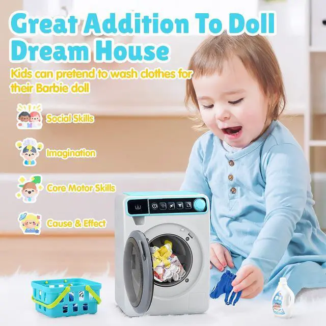 Alt view image 2 of 7 - Kids Toy Washing Machine, Realistic Pretend Play Appliance for Girls, Interactive Toy Dollhouse Furniture, Play Washer and Dryer Playset with Spinning Drum, Light & Sound Effects, Laundry Basket Set