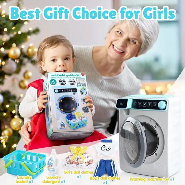 Alt view image 7 of 7 - Kids Toy Washing Machine, Realistic Pretend Play Appliance for Girls, Interactive Toy Dollhouse Furniture, Play Washer and Dryer Playset with Spinning Drum, Light & Sound Effects, Laundry Basket Set