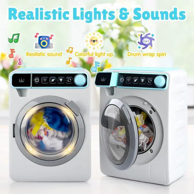 Alt view image 6 of 7 - Kids Toy Washing Machine, Realistic Pretend Play Appliance for Girls, Interactive Toy Dollhouse Furniture, Play Washer and Dryer Playset with Spinning Drum, Light & Sound Effects, Laundry Basket Set