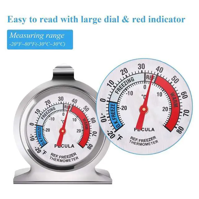 Alt view image 2 of 7 - 2 Pack Refrigerator Thermometer, 30-30°C/20-80°F, Classic Fridge Thermometer Large Dial with Red Indicator Thermometer for Freezer Refrigerator Cooler