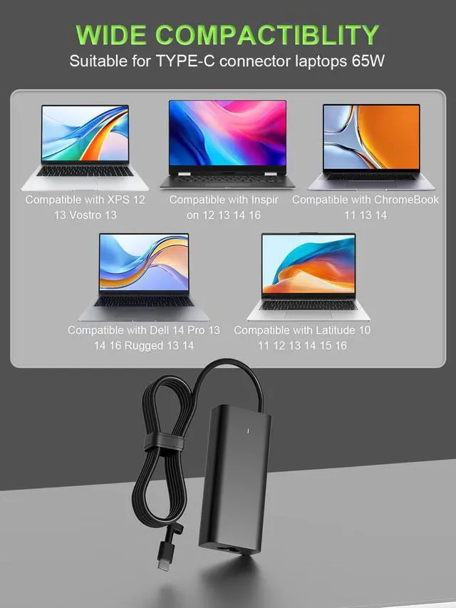 Alt view image 3 of 7 - 65W USB C Charger Compatible with Dell Pro 13 14 16 Xps 12 13 9315 7390 inspiron-7306 5620 5310 Chromebook 3100 3110 Latitude 5410 5330 5420 5440 5450 7410 7400 Laptop