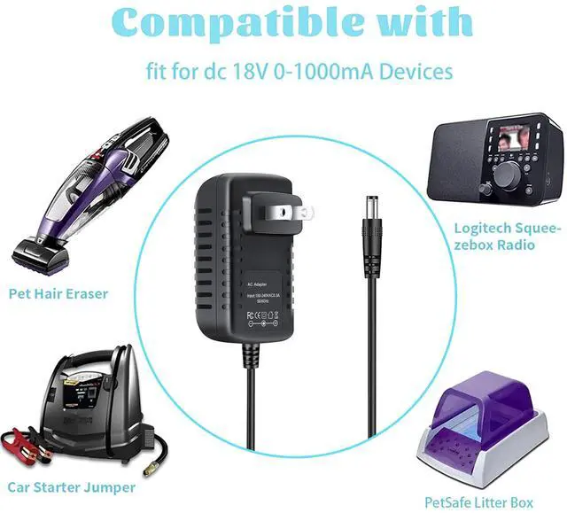 Alt view image 6 of 7 - 18V 1A AC/DC Adapter Power Supply Cord Cable Charger with OD: 5.5mm x ID: 2.1mm Barrel Round Plug Tip 18.0V Series 18VDC 1000mA Fits 800mA 750mA 500mA 400mA 300mA 200mA 100mA