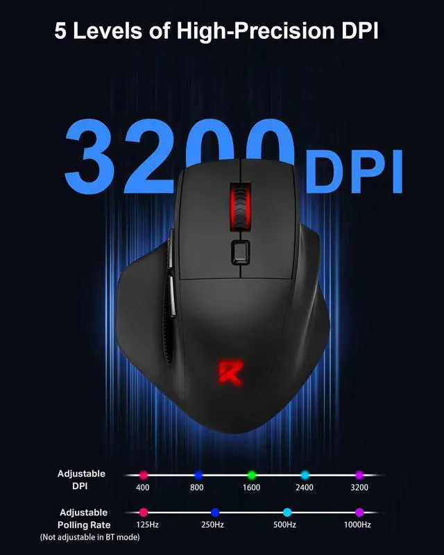 Alt view image 5 of 7 - Large Wireless Gaming Mouse for Big Hands, Tri-Modes 2.4G/Bluetooth/Wired Rechargeable Ergo RGB Mouse with 2 Side Buttons, 6 Backlit Modes, Programmable Macro Gamer Mouse
