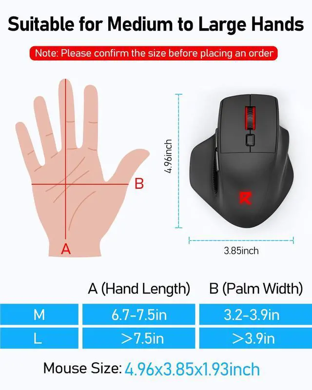 Alt view image 3 of 7 - Large Wireless Gaming Mouse for Big Hands, Tri-Modes 2.4G/Bluetooth/Wired Rechargeable Ergo RGB Mouse with 2 Side Buttons, 6 Backlit Modes, Programmable Macro Gamer Mouse
