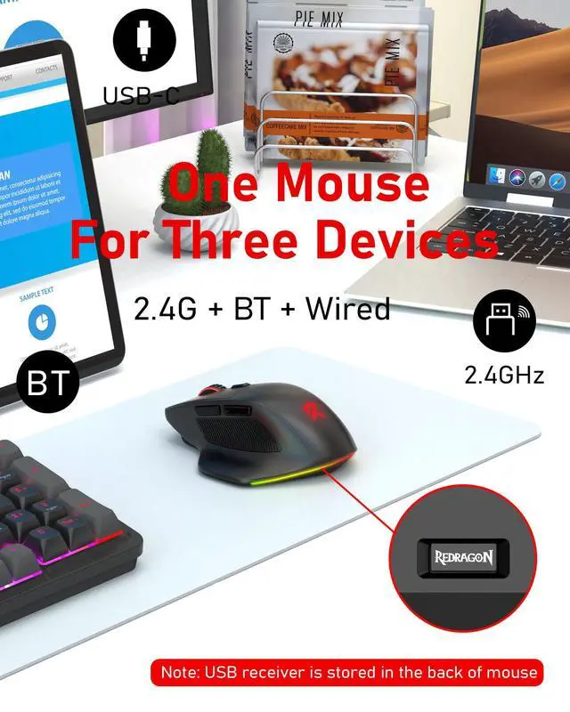 Alt view image 4 of 7 - Large Wireless Gaming Mouse for Big Hands, Tri-Modes 2.4G/Bluetooth/Wired Rechargeable Ergo RGB Mouse with 2 Side Buttons, 6 Backlit Modes, Programmable Macro Gamer Mouse