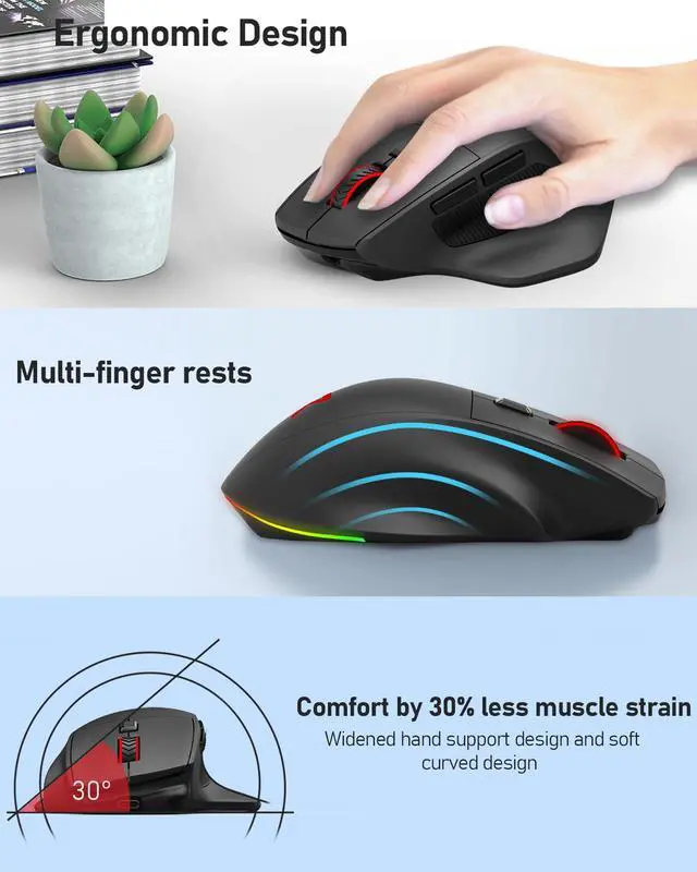 Alt view image 6 of 7 - Large Wireless Gaming Mouse for Big Hands, Tri-Modes 2.4G/Bluetooth/Wired Rechargeable Ergo RGB Mouse with 2 Side Buttons, 6 Backlit Modes, Programmable Macro Gamer Mouse