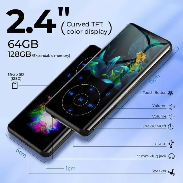 Alt view image 4 of 7 - 64GB MP3 Player with Bluetooth 5.3, Speaker, 2.4 inch Screen, Portable Music Player for Sport Running, FM Radio, Voice Recorder, Digital Audio Video Shuffle Playback, Support 128GB Micro SD Card