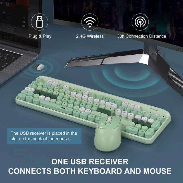 Alt view image 2 of 7 - MageGee V920 Wireless Keyboard and Mouse Combo, 2.4G Full-Sized Retro Typewriter Keyboard with Round Keycaps & Auto-Sleep Mode, Cute Computer Keyboard and Cordless Optical Mouse for Laptop/PC (Green)