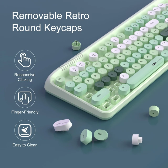 Alt view image 3 of 7 - MageGee V920 Wireless Keyboard and Mouse Combo, 2.4G Full-Sized Retro Typewriter Keyboard with Round Keycaps & Auto-Sleep Mode, Cute Computer Keyboard and Cordless Optical Mouse for Laptop/PC (Green)