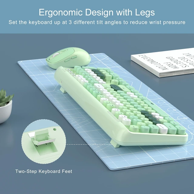 Alt view image 5 of 7 - MageGee V920 Wireless Keyboard and Mouse Combo, 2.4G Full-Sized Retro Typewriter Keyboard with Round Keycaps & Auto-Sleep Mode, Cute Computer Keyboard and Cordless Optical Mouse for Laptop/PC (Green)