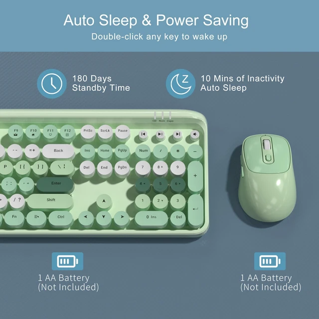 Alt view image 4 of 7 - MageGee V920 Wireless Keyboard and Mouse Combo, 2.4G Full-Sized Retro Typewriter Keyboard with Round Keycaps & Auto-Sleep Mode, Cute Computer Keyboard and Cordless Optical Mouse for Laptop/PC (Green)
