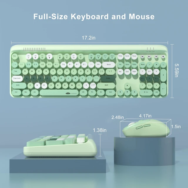 Alt view image 7 of 7 - MageGee V920 Wireless Keyboard and Mouse Combo, 2.4G Full-Sized Retro Typewriter Keyboard with Round Keycaps & Auto-Sleep Mode, Cute Computer Keyboard and Cordless Optical Mouse for Laptop/PC (Green)