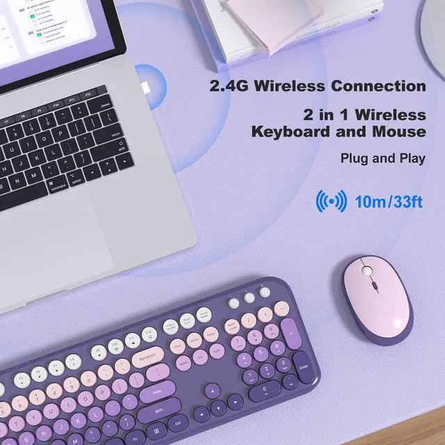 Alt view image 3 of 7 - Wireless Keyboard and Mouse Combo, Colorful Computer Full Size 2.4G Plug and Play Wireless Typewriter Keyboard and Mouse Set for Computer, Desktop, PC (Purple Gradient)