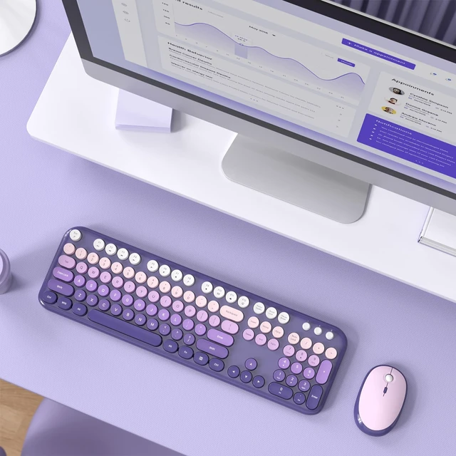 Alt view image 7 of 7 - Wireless Keyboard and Mouse Combo, Cute Keyboard Full Size and Wireless Mouse, 2.4GHz Retro Typewriter Keyboard Mouse Set for PC/Desktop/Laptop/Windows (Purple Gradient)