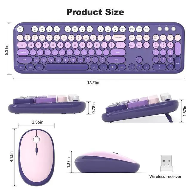 Alt view image 7 of 7 - Wireless Keyboard and Mouse Combo, Colorful Computer Full Size 2.4G Plug and Play Wireless Typewriter Keyboard and Mouse Set for Computer, Desktop, PC (Purple Gradient)