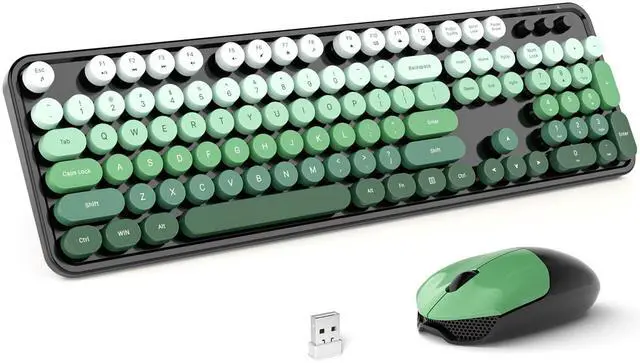 Main image of Wireless Keyboard and Mouse Combo, Full Size 2.4G Plug and Play Typewriter Retro Round Computer Keyboard and Mouse Set for Windows, Computer, Desktop, PC, Notebook - (Black Green Gradient)