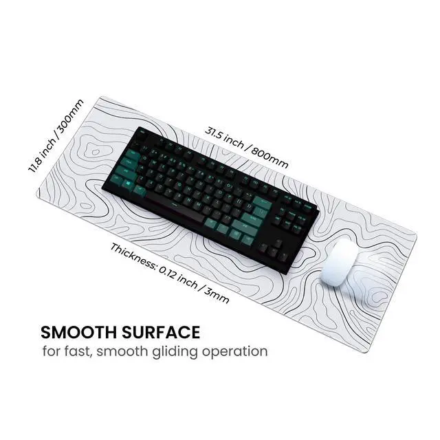 Alt view image 4 of 7 - Large Gaming Mouse Pad, Full Keyboard Mat, Long Laptop Mousepad, Computer Mouse Mat for Home and Office, Anti-Slip Rubber Base, 31.5 x 11.8 Inches (Grey White Topographic Map)