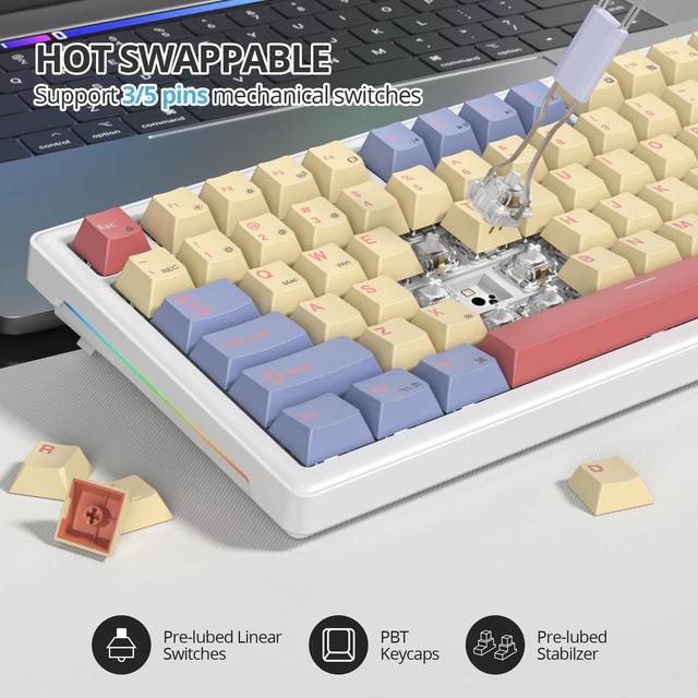 Alt view image 5 of 6 - 75% Mechanical Keyboard Gasket with Knob, Custom Wired Creamy Gaming Keyboard TKL 75 Percent Hot Swappable RGB Backlit, Pre-lubed Switch for Win/MAC PC LaptopCotton Candy/White Switch