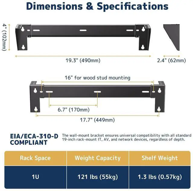 Alt view image 4 of 7 - 1U Vertical Wall-Mount Rack - 19" Steel Wall & Under-Desk Bracket for Server, Network Switch, or Patch Panel, Supports up to 121lbs, for Cabinet or Server Room, JHSVR-1U