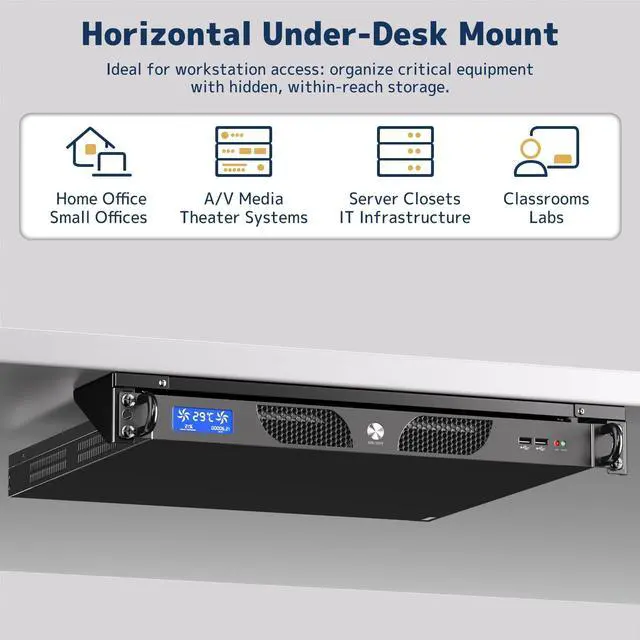 Alt view image 3 of 7 - 1U Vertical Wall-Mount Rack - 19" Steel Wall & Under-Desk Bracket for Server, Network Switch, or Patch Panel, Supports up to 121lbs, for Cabinet or Server Room, JHSVR-1U